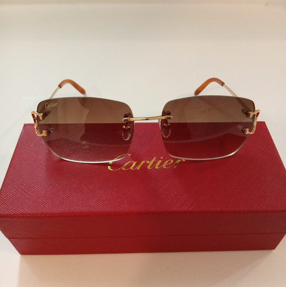 Cartier C decor Dark Tint Gold Wire Oval Cut Lens Rimless Glasses